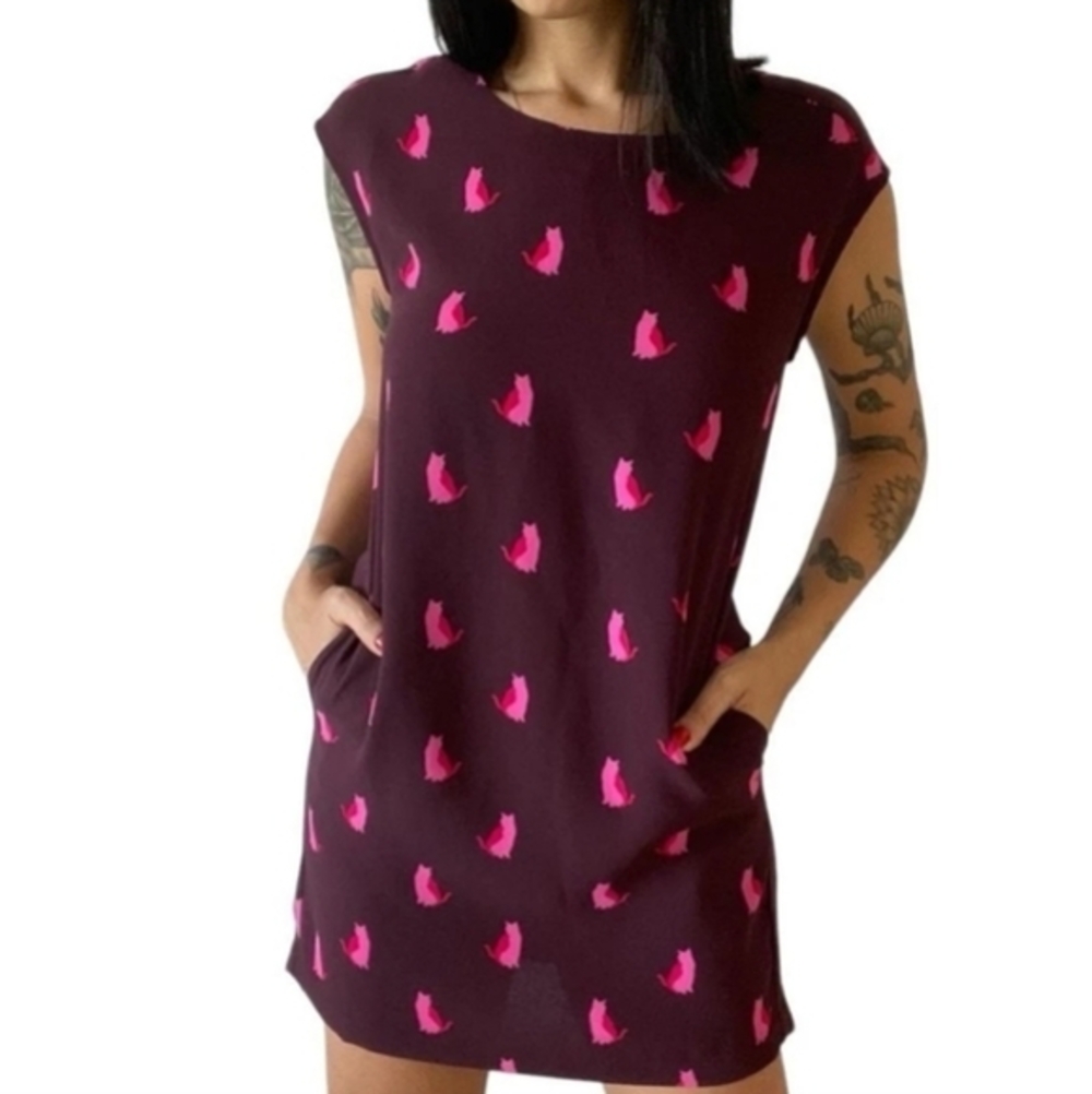Loft Shift Dress Pink Cats Print Mini Dress Casual Short Sleeve Pockets